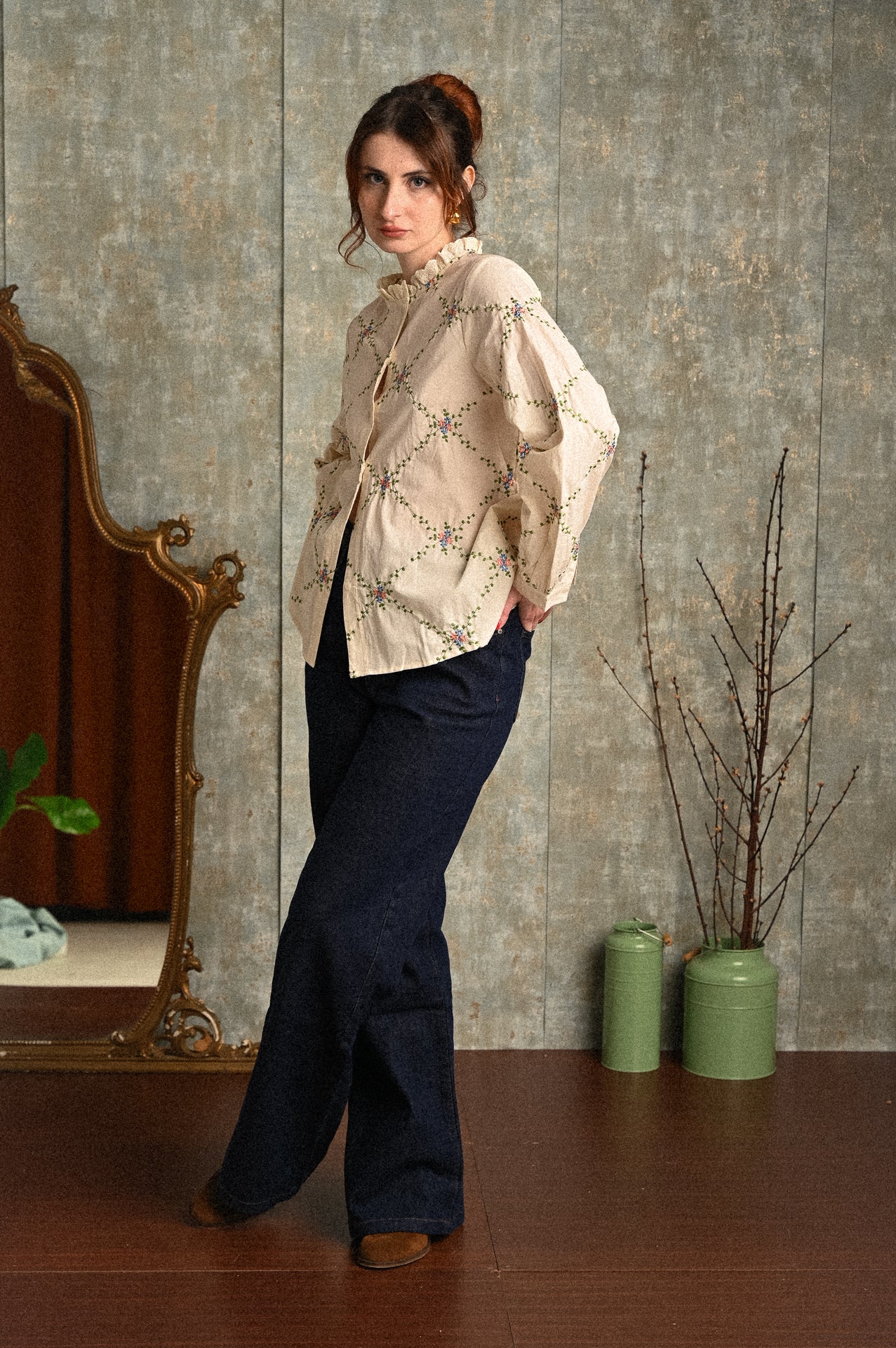 Camicia Anemone Avorio Ricamata Donna – Blusa in Cotone con Rouche