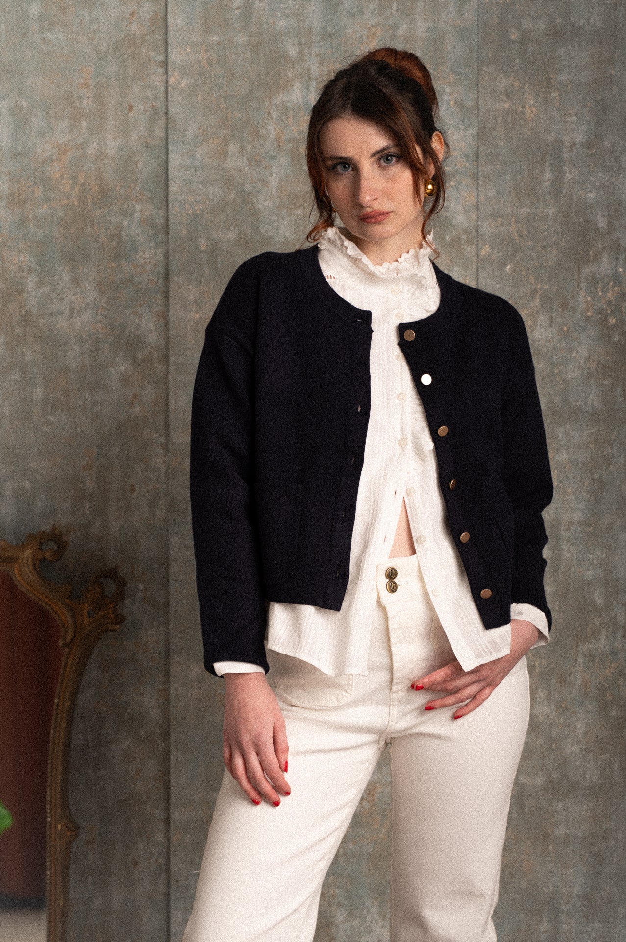 Cardigan Peonia Blu Notte con Tasche – Vestibilità Boxy Morbida