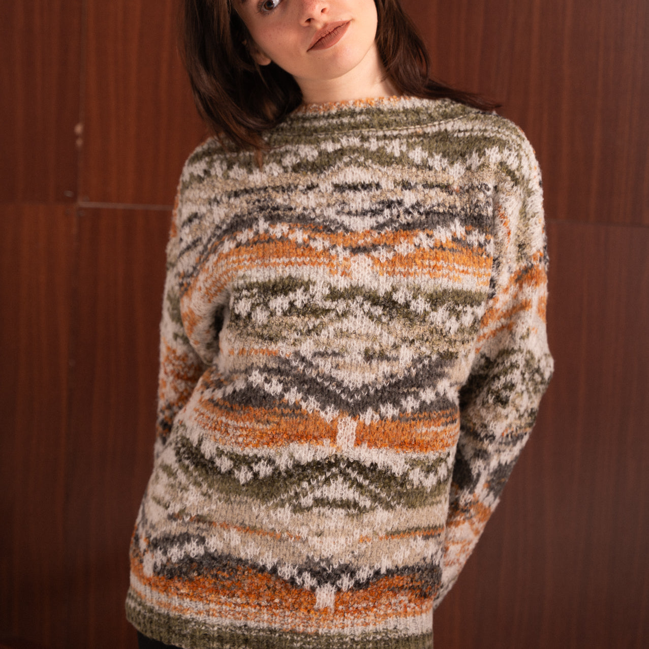 Maglione fantasia a righe multicolor senape, panna  kaki– morbido effetto mélange