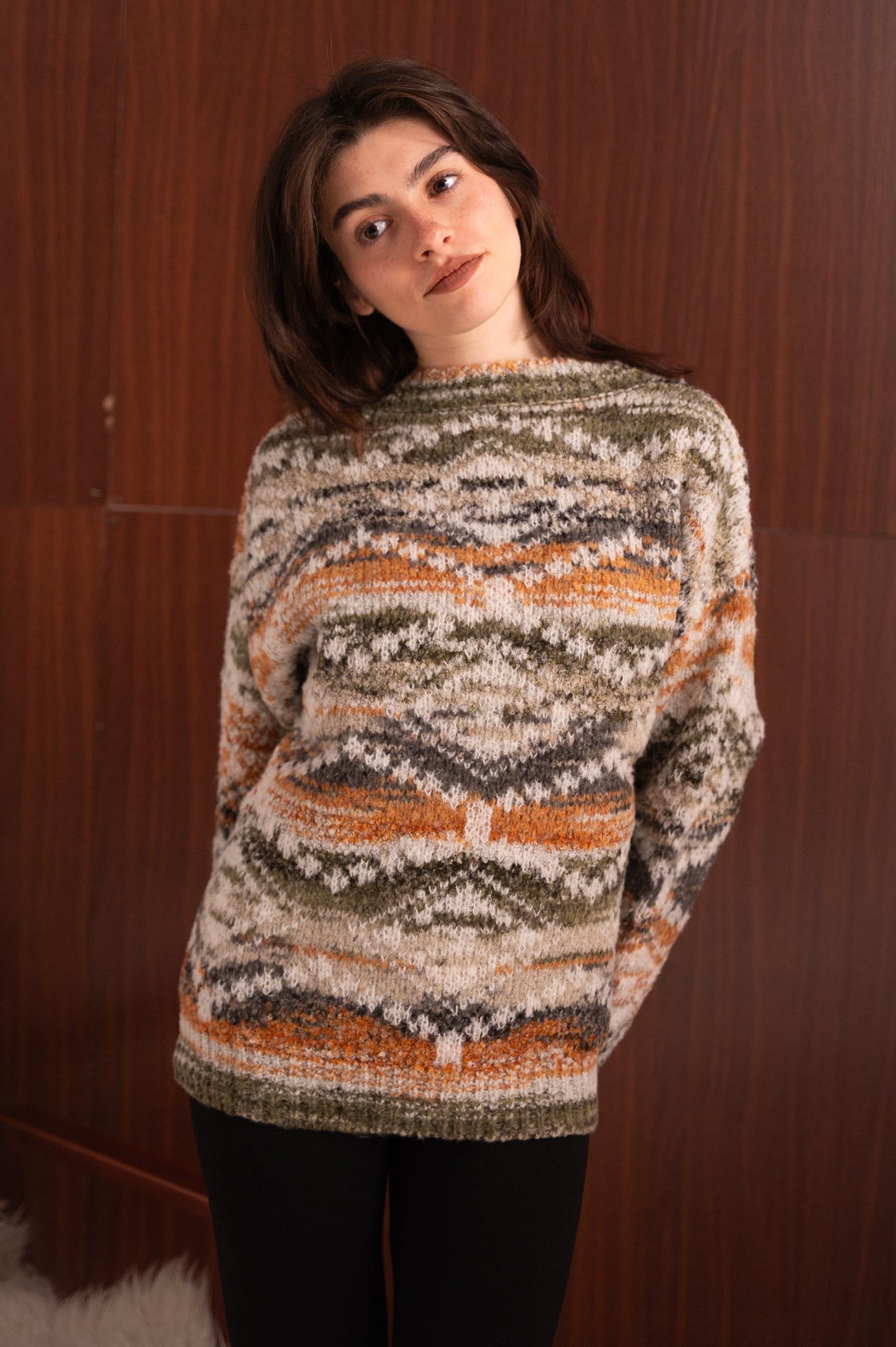 Maglione fantasia a righe multicolor senape, panna  kaki– morbido effetto mélange