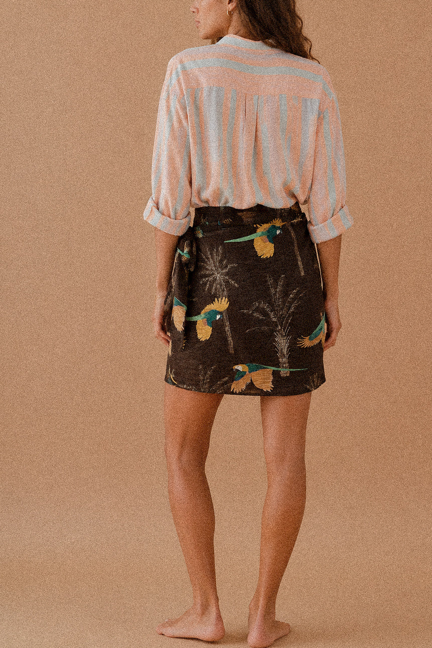 Gonna Corta a Portafoglio Fantasia Tropicale con Nodo Laterale