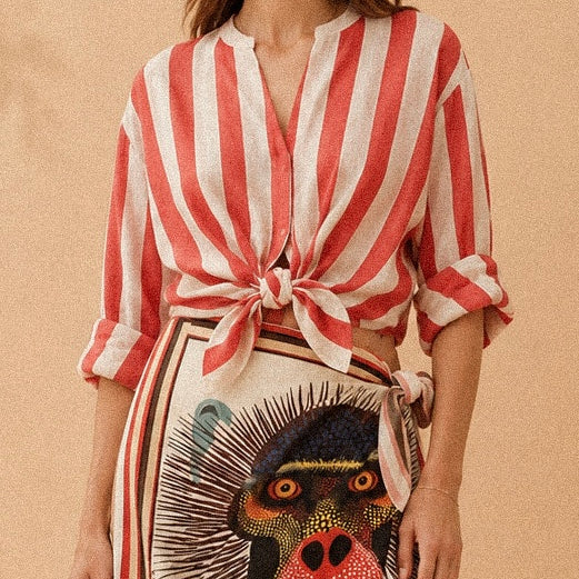 Camicia collo coreano a righe corallo e panna in Lyocell