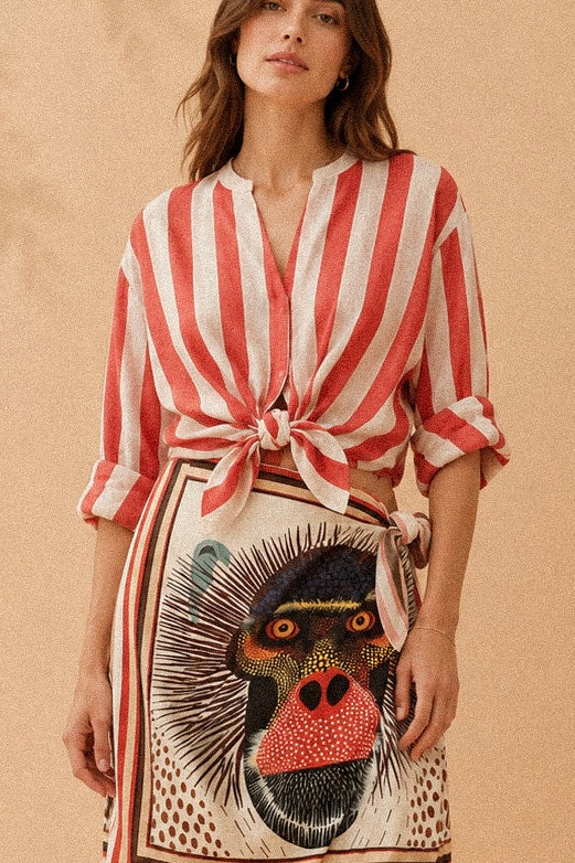 Camicia collo coreano a righe corallo e panna in Lyocell