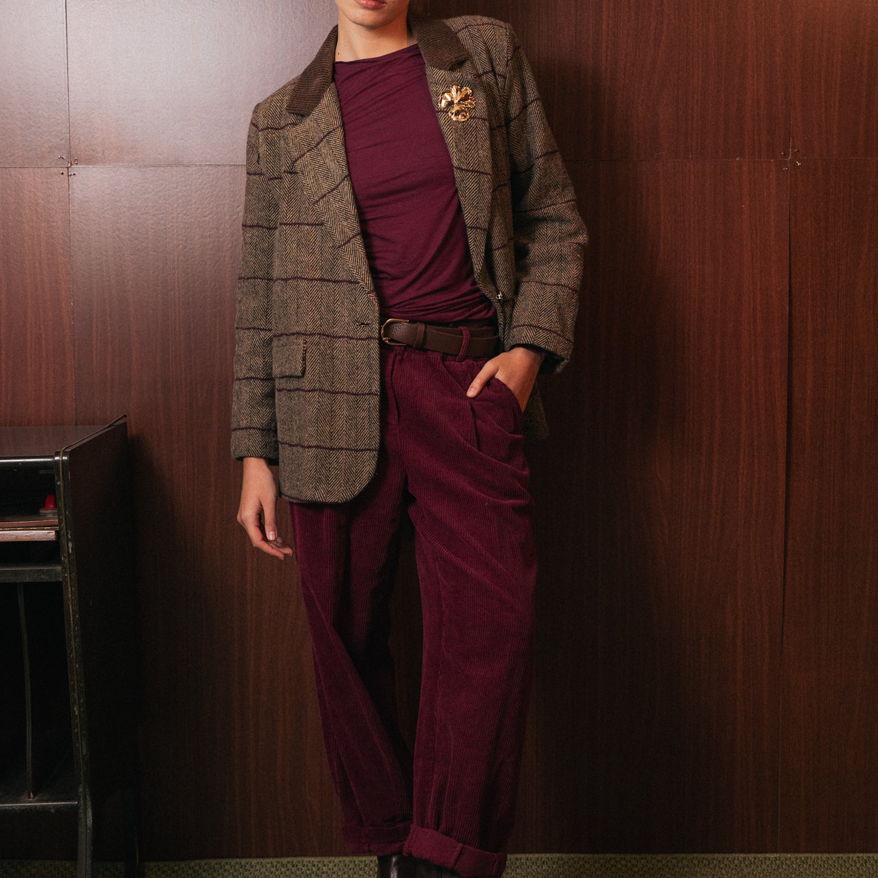 Pantaloni Velluto a Coste Relaxed Fit Bordeaux - Vita Elastica