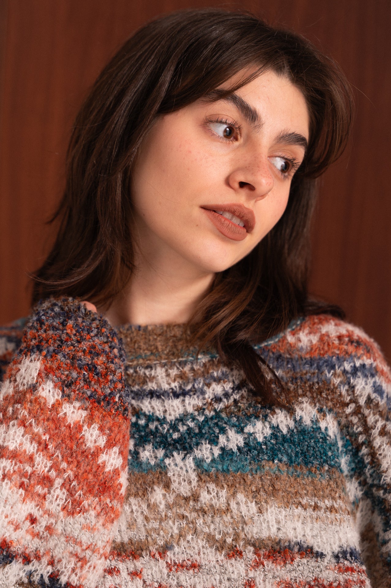 Maglione fantasia a righe petrolio panna e arancio– morbido effetto mélange