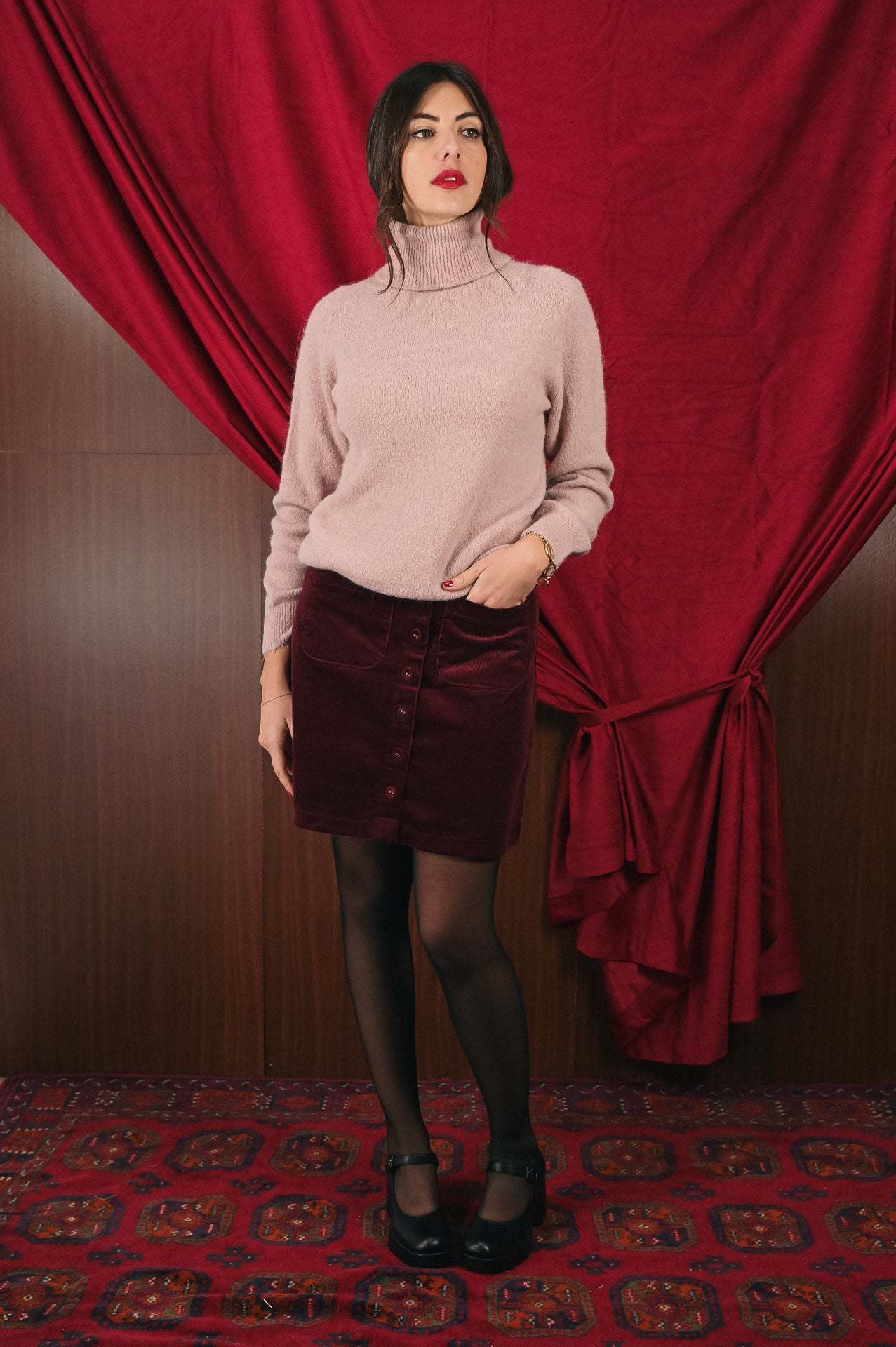Maglione rosa antico collo alto donna Amelìe misto alpaca e lana | made in Italy