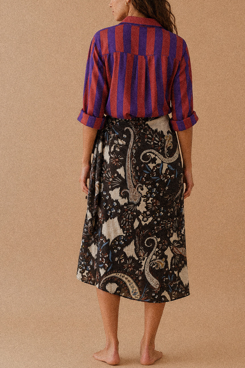 Gonna Midi a Portafoglio Fantasia Paisley con Nodo Laterale