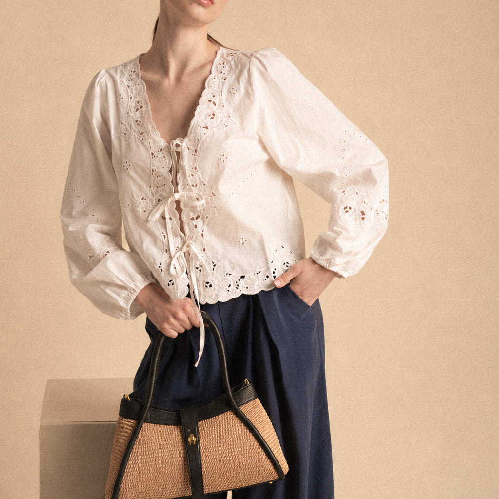 Borsa Mercer in pelle nera e rafia naturale