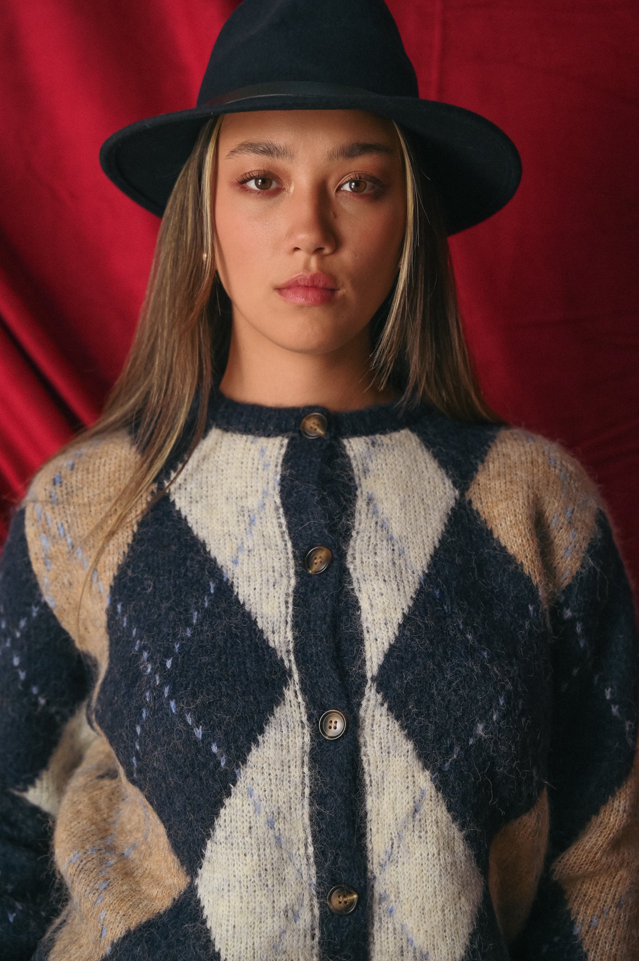 Cardigan Donna Argyle Lana Blend | Giacchino a Rombo Blu/Marrone | Stile Preppy Vintage