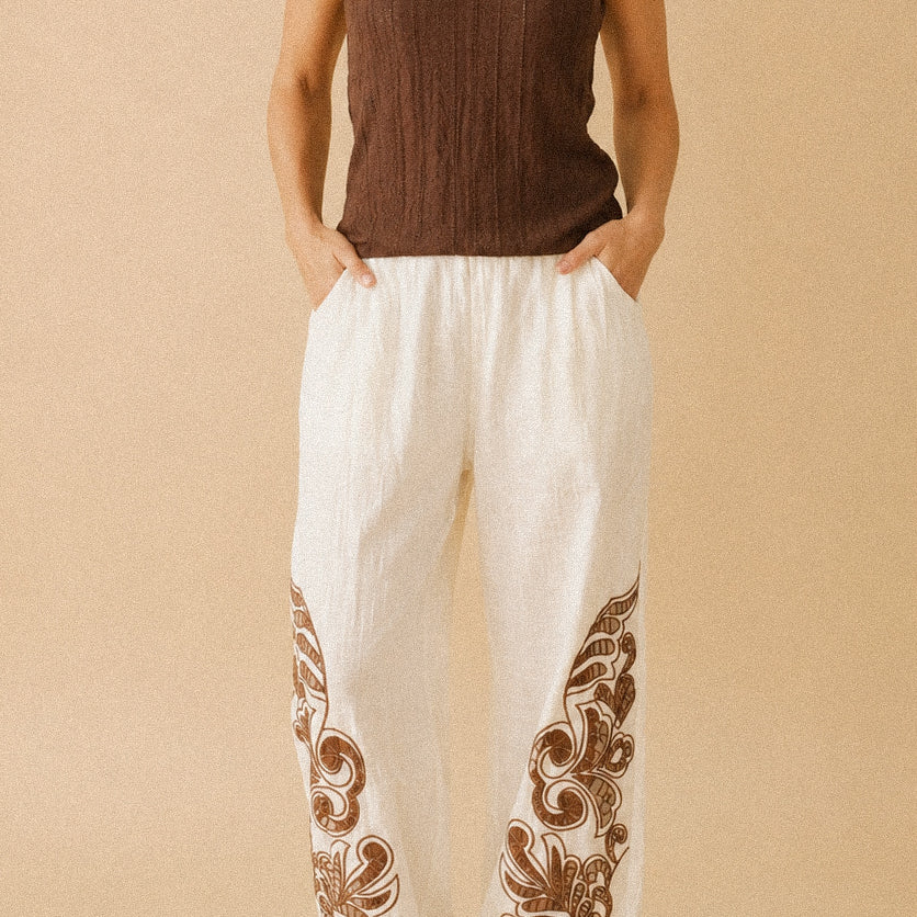 Pantalone “Ivory Embroidery” – lino e cotone con ricamo