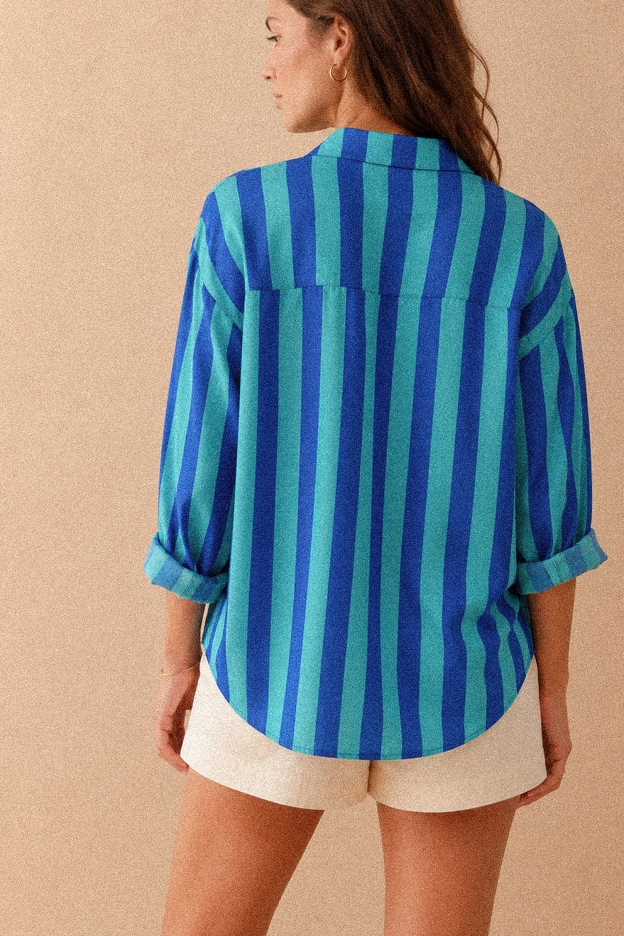 Camicia donna a righe blu e turchese con colletto coreano in cotone