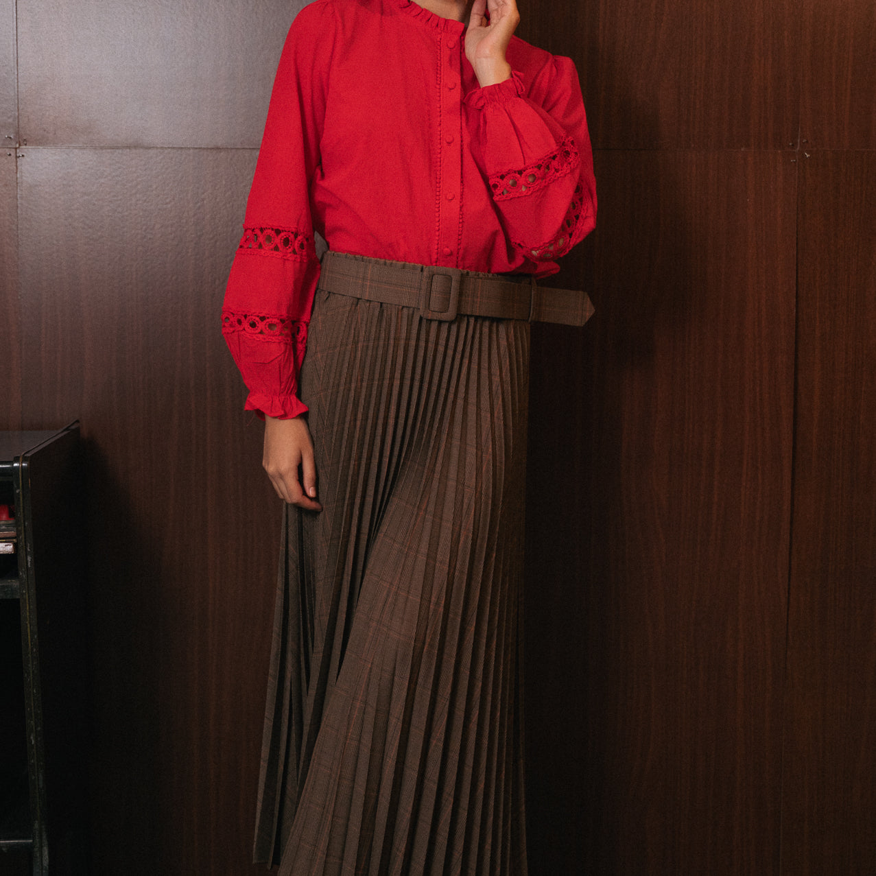 Gonna Midi Plissé Principe di Galles | Vita Elastica e Cintura Inclusa | Fantasia Classica