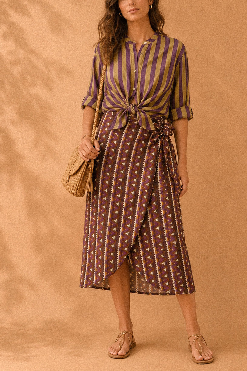 Camicia con collo coreano a righe viola e senape in cotone