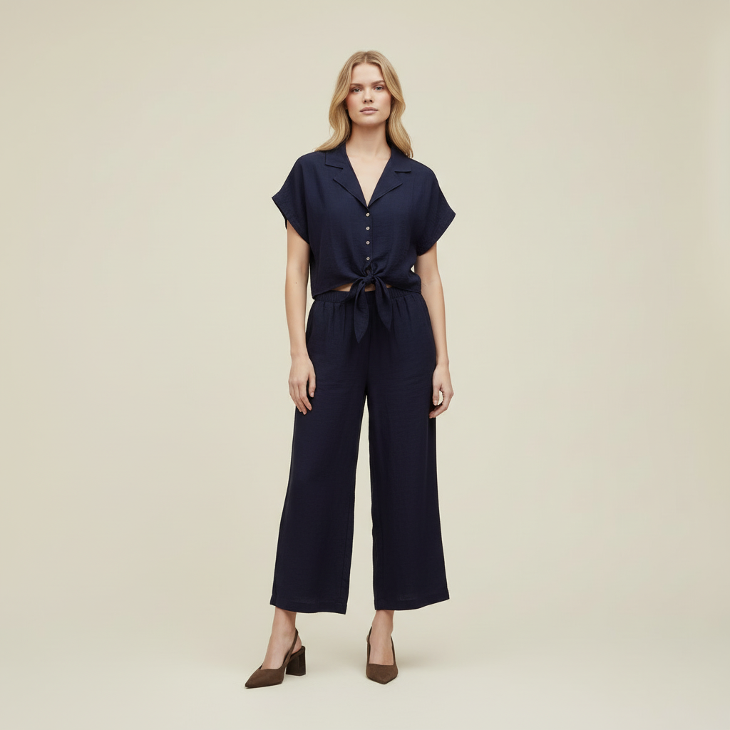 Set Betulla color blu in viscosa – completo donna con top nodo e pantaloni culotte