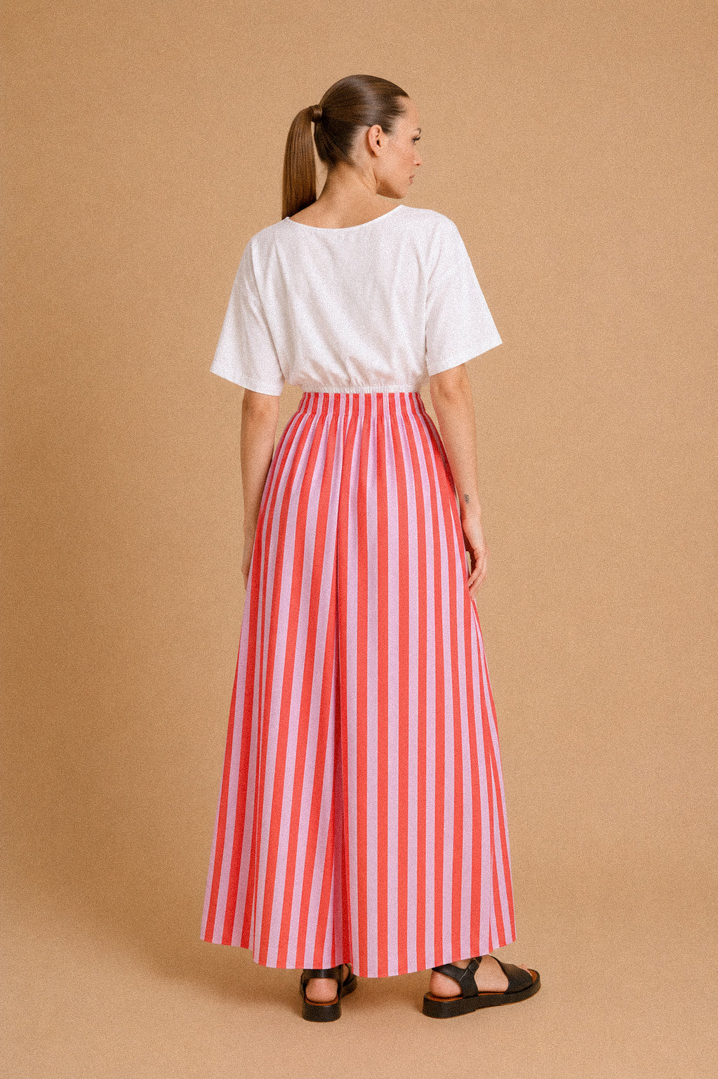 Gonna Lunga Righe Corallo – Gonna Donna a Righe Rosa e Corallo con Tasche