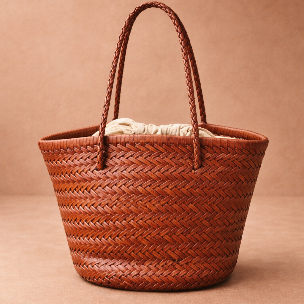 Una borsa che racconta il valore del tempo e della manualità. Realizzata in vera pelle e intrecciata a mano, ogni pezzo nasce da un lavoro artigianale paziente, dove ogni fascia di pelle viene lavorata singolarmente per creare una trama unica e autentica.
Il colore cuoio ne esalta il carattere naturale e senza tempo, rendendola un accessorio versatile, capace di accompagnare ogni look con eleganza spontanea.
All’interno, una sacca in cotone con chiusura a coulisse custodisce gli oggetti con praticità, mante