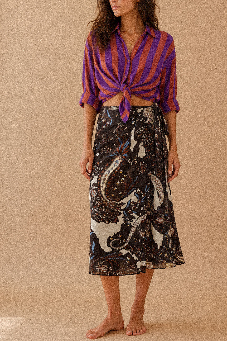 Gonna Midi a Portafoglio Fantasia Paisley con Nodo Laterale