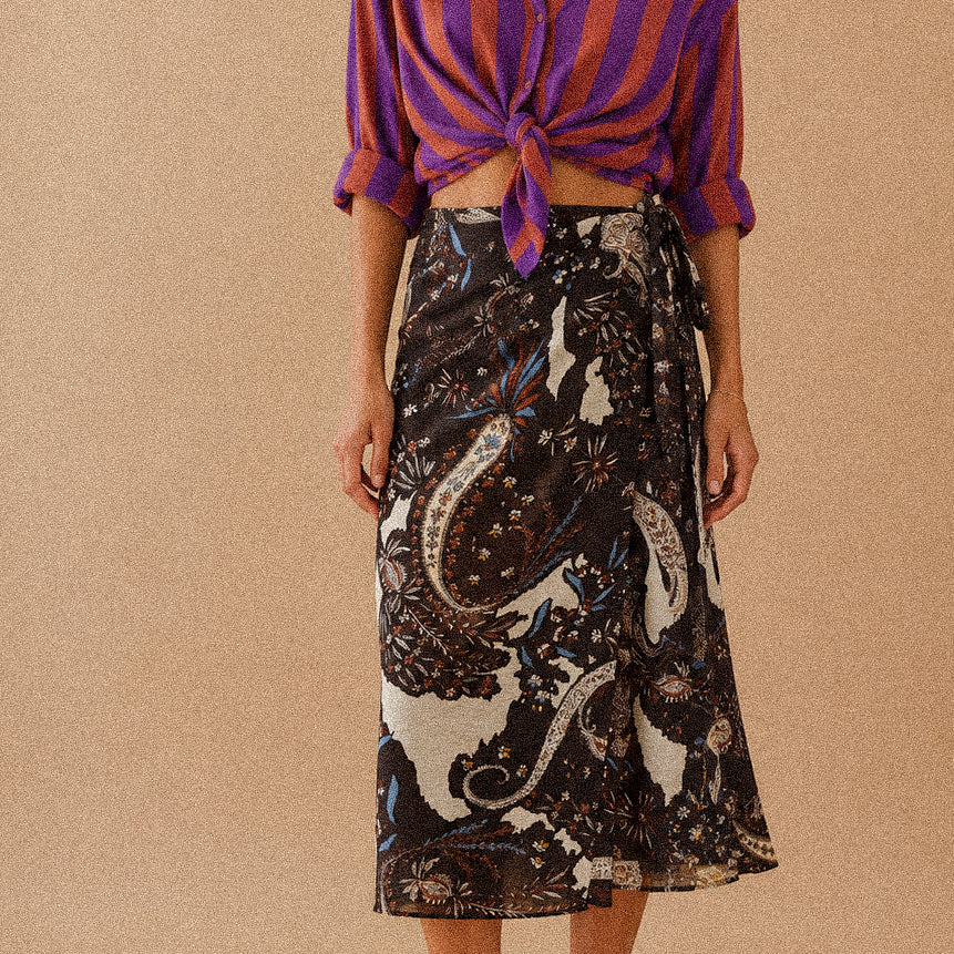 Gonna Midi a Portafoglio Fantasia Paisley con Nodo Laterale