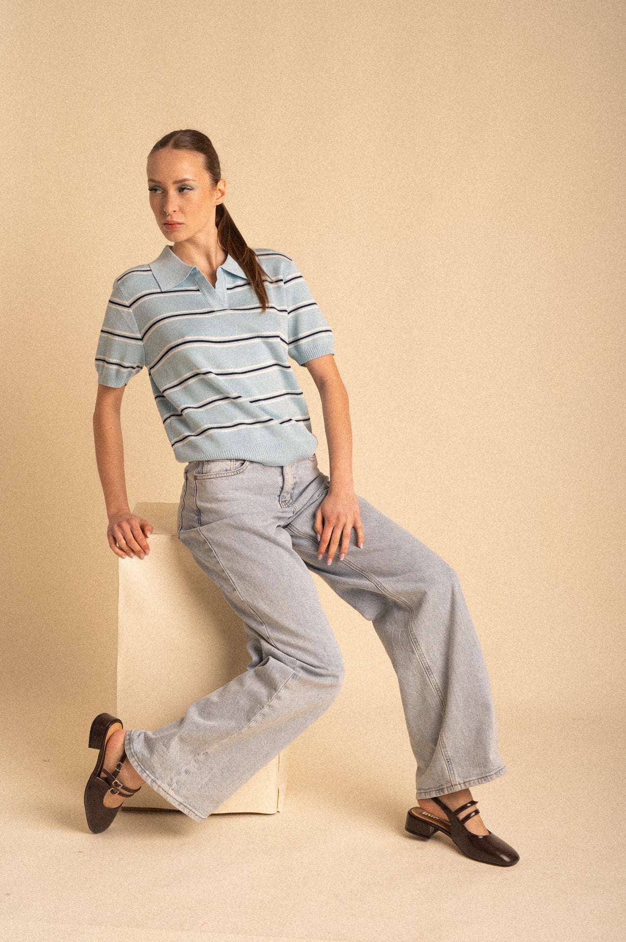 Polo Knit azzurra chiara a Righe
