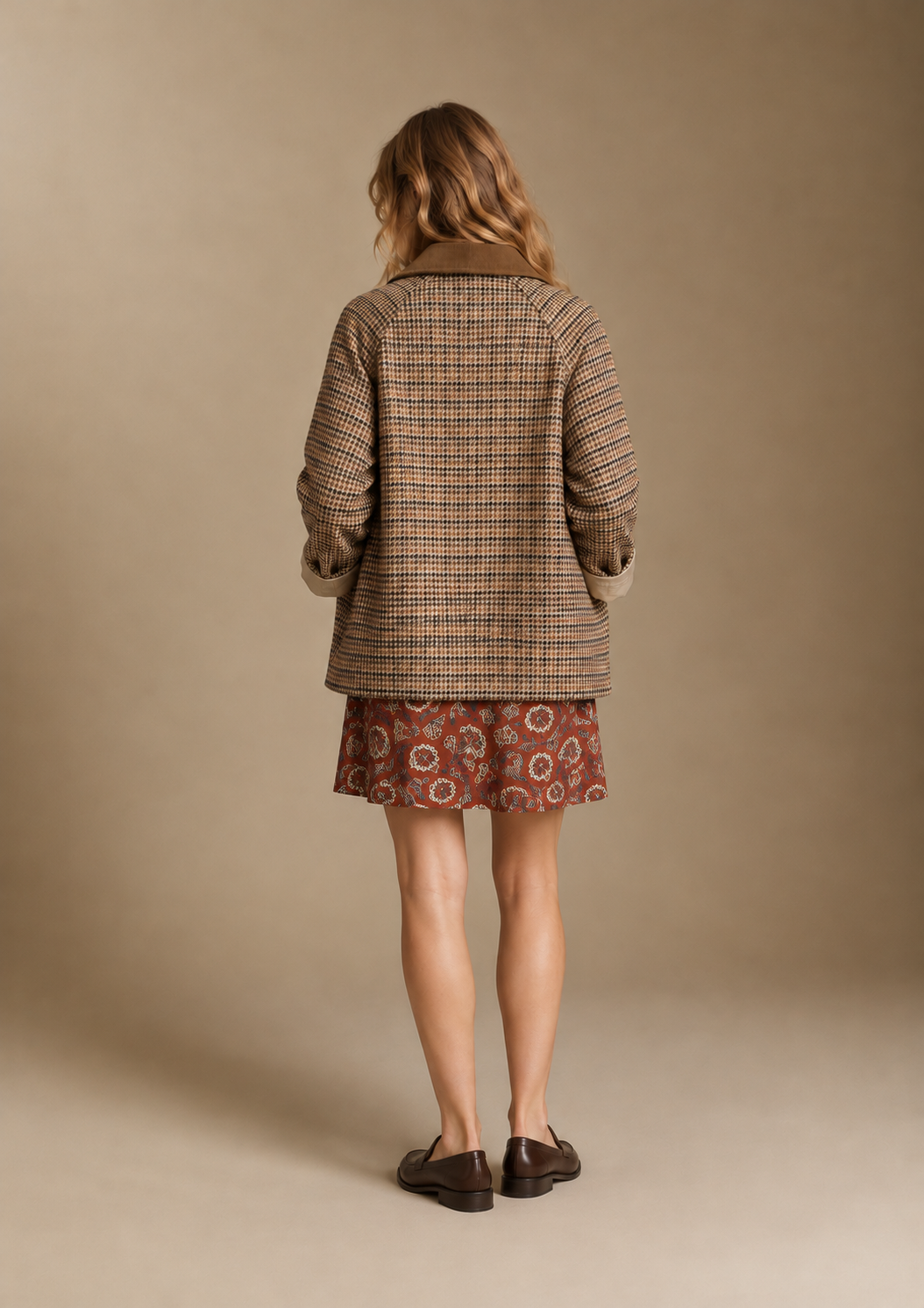 Blazer Donna Pied de Poule Beige e Marrone con Colletto in Velluto