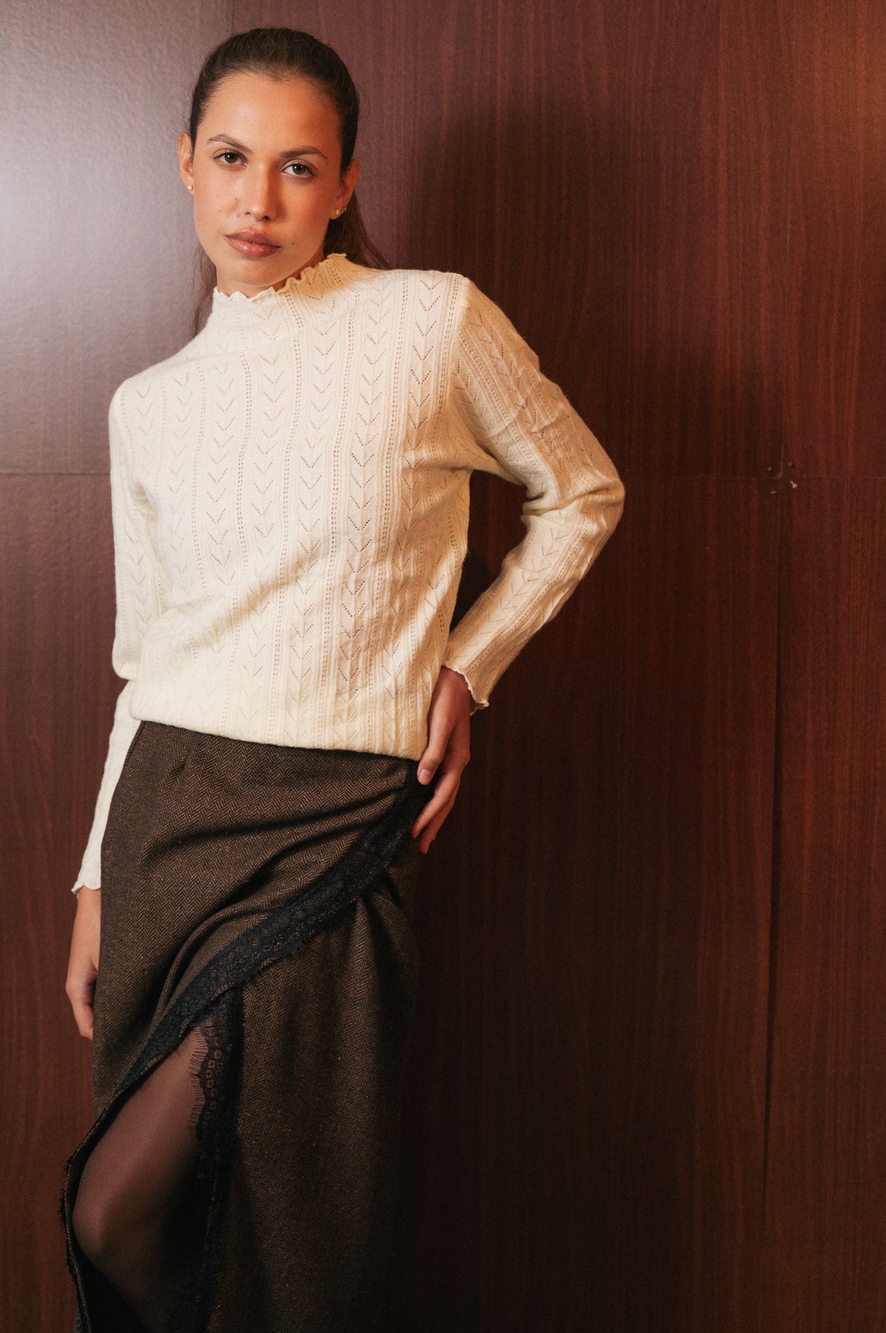 Gonna Midi a Portafoglio in Tweed Marrone con Pizzo