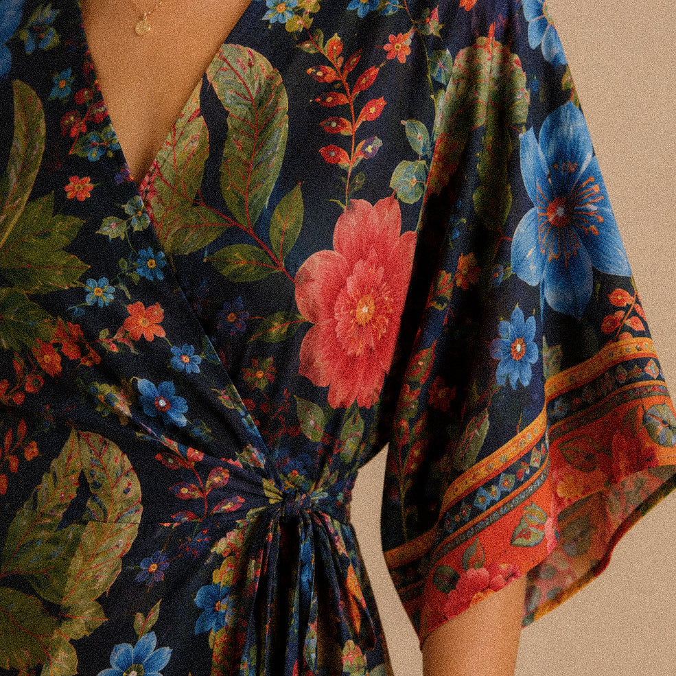 Abito a portafoglio blu “Tropical Bloom” – Stampa floreale