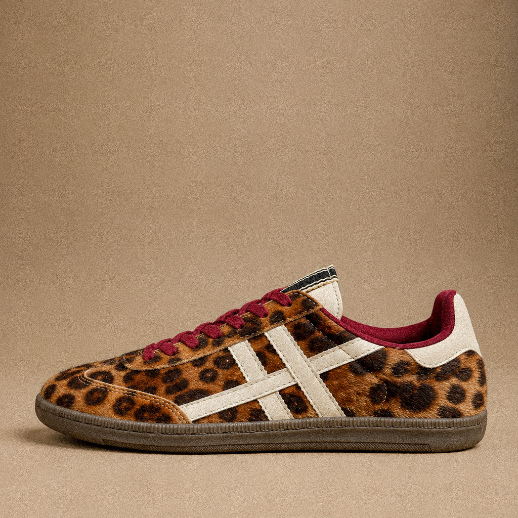 Sneakers Donna Leopardate Effetto Cavallino con Dettagli Panna e Lacci Bordeaux
