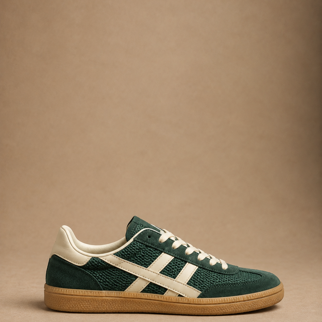 Sneakers Donna Verde e Panna con Suola Caramello in Gomma e Dettagli Scamosciati