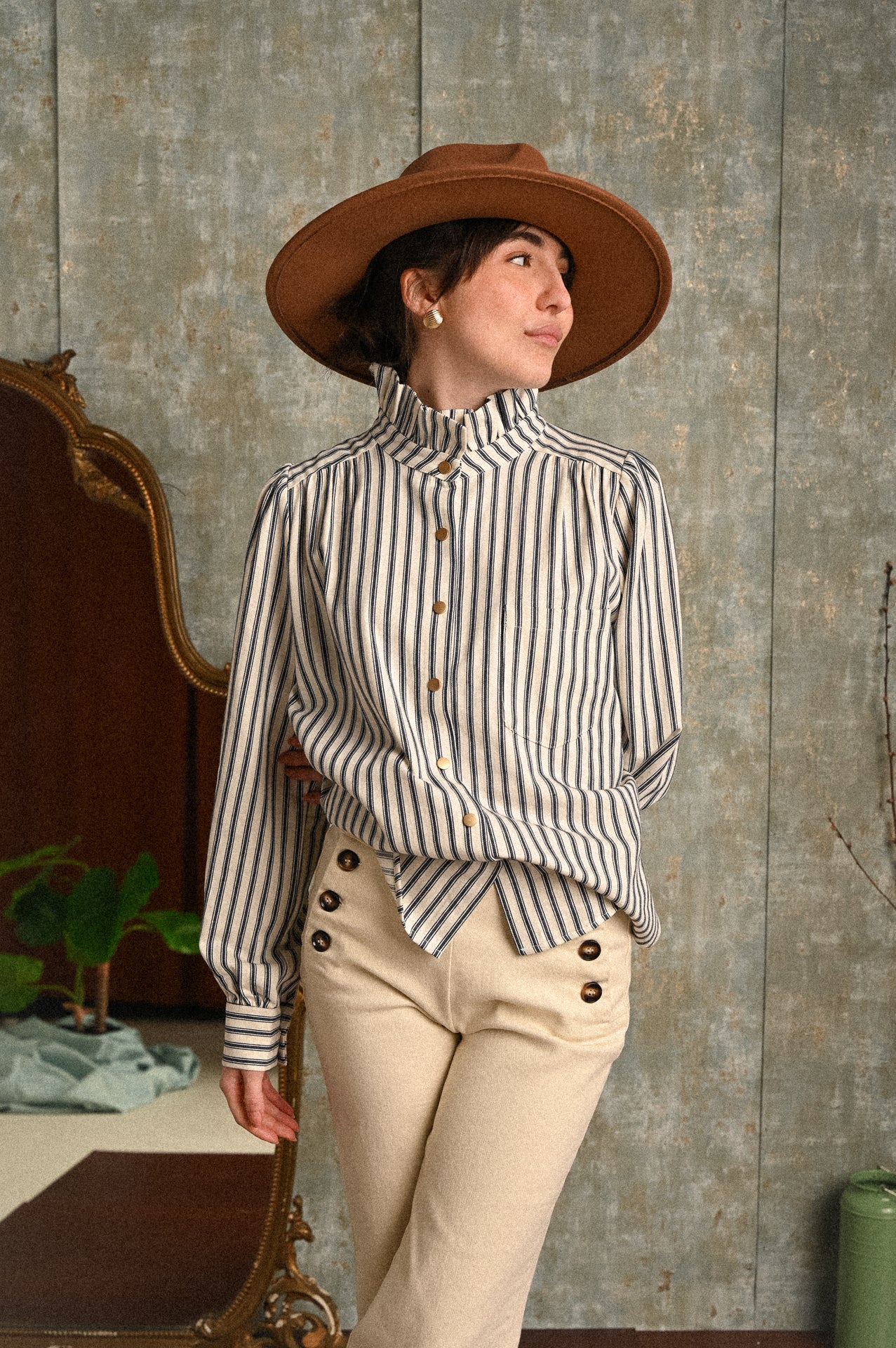 Jeans Calendula panna donna  – pantalone a vita alta con bottoni laterali