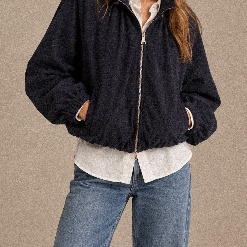 Giacca bomber donna blu notte con zip e fondo arricciato – vestibilità morbida
