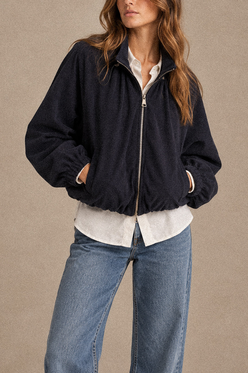 Giacca bomber donna blu notte con zip e fondo arricciato – vestibilità morbida