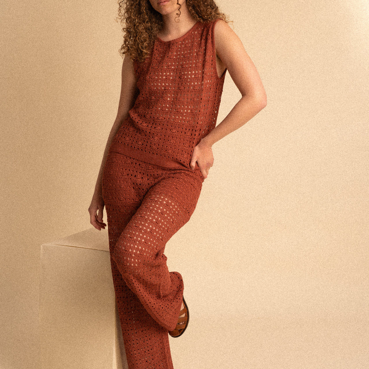 Pantalone Traforato in Cotone con Elastico – Color Terracotta