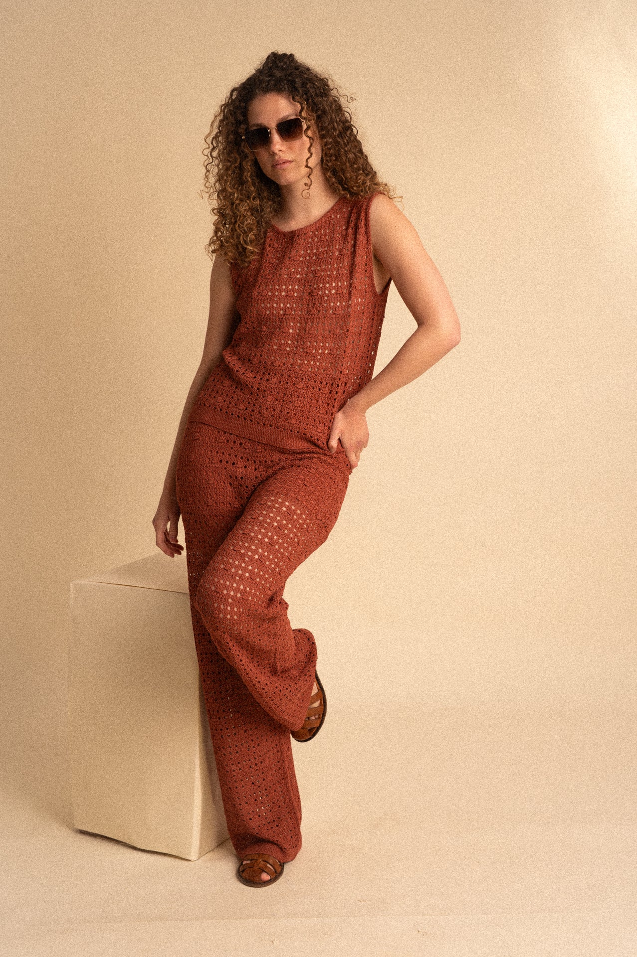 Pantalone Traforato in Cotone con Elastico – Color Terracotta