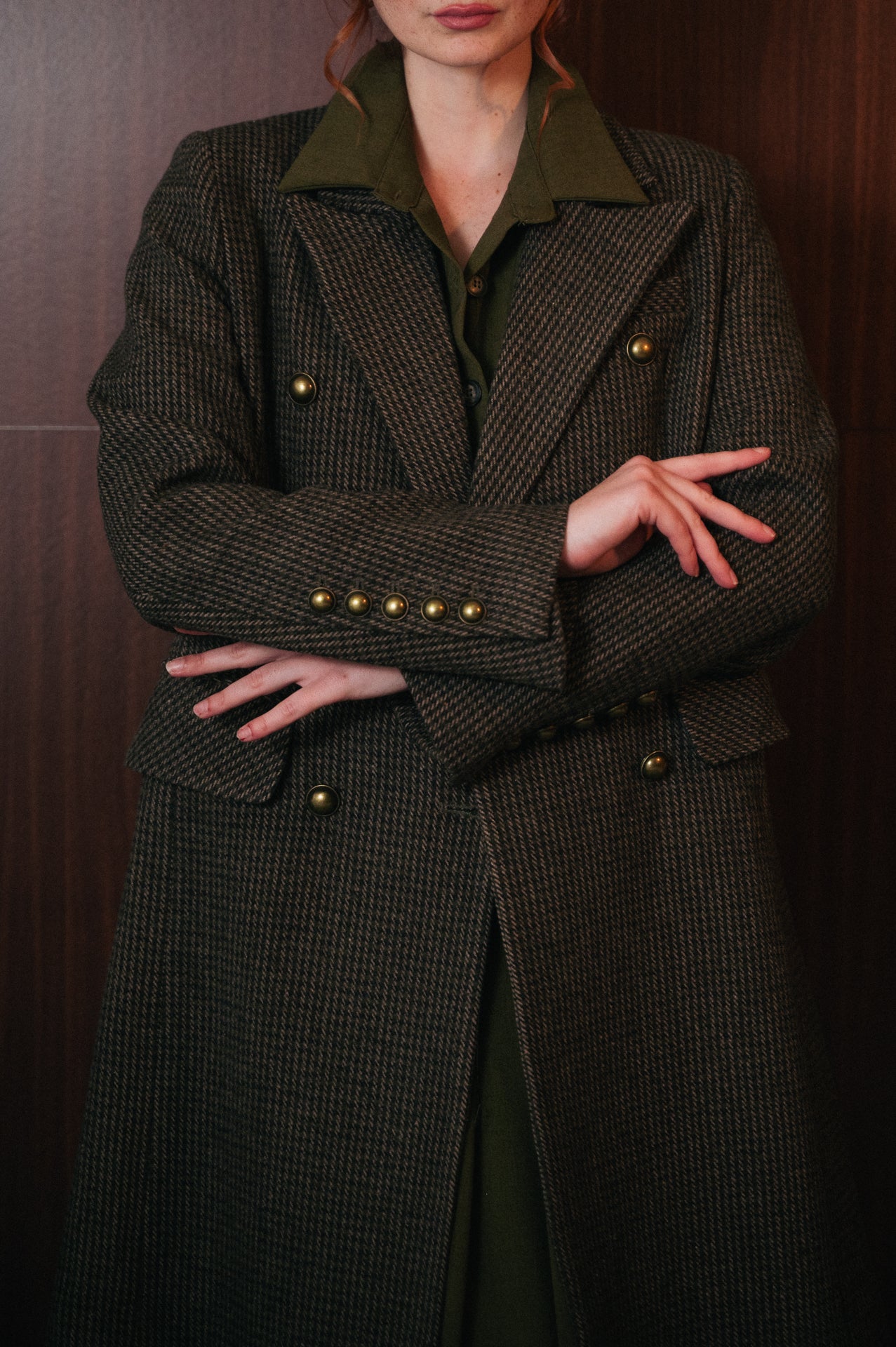 Cappotto Lungo Donna Fantasia Harris tweed color oliva