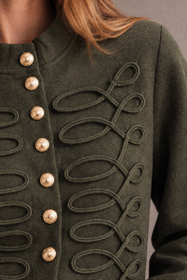 Cardigan Donna Kaki con Ricamo Ornamentale e Bottoni Dorati