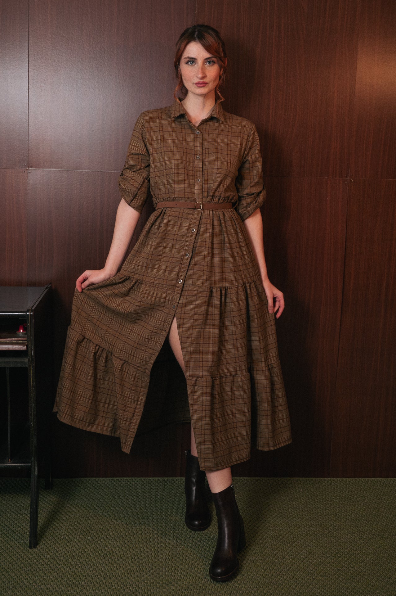 Abito Chemisier Lungo Tartan Donna | Collo a Camicia con Cintura | Stile Scozzese