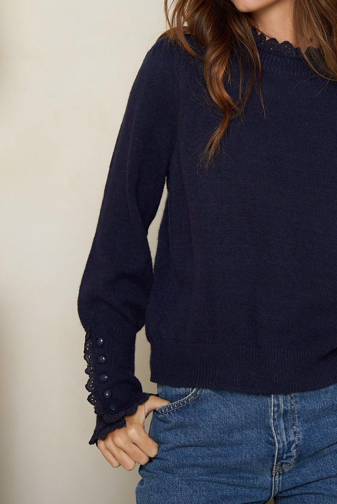 Maglia Donna blu Modello Camille | Collo e Polsi in Pizzo | Misto Lana Morbido