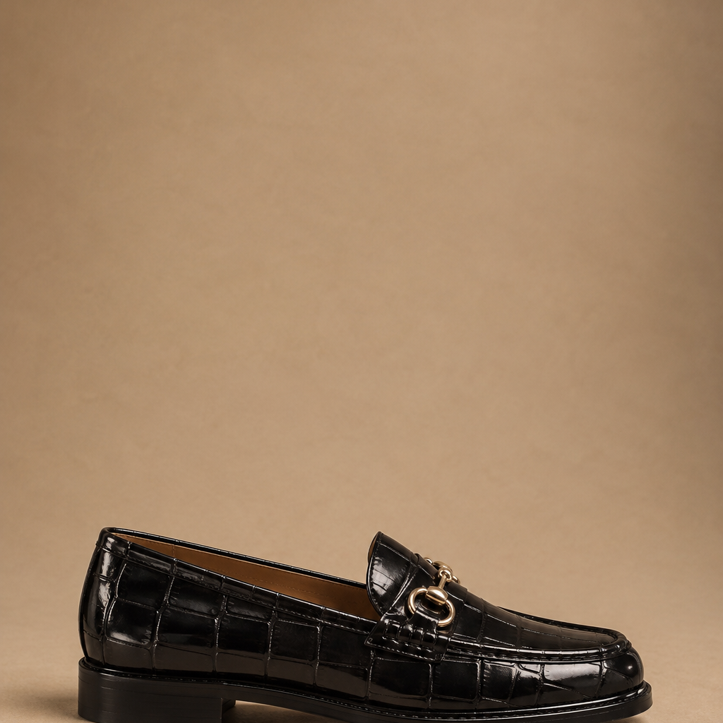 Mocassino Donna Nero Effetto Cocco con Morsetto Dorato – Horsebit