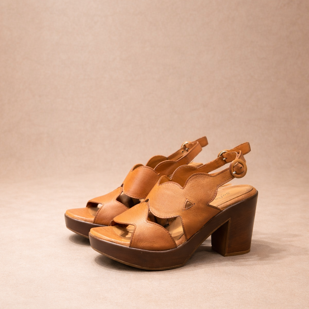 Sandali Platform in Vera Pelle color cuoio con Tacco Largo – Plateau
