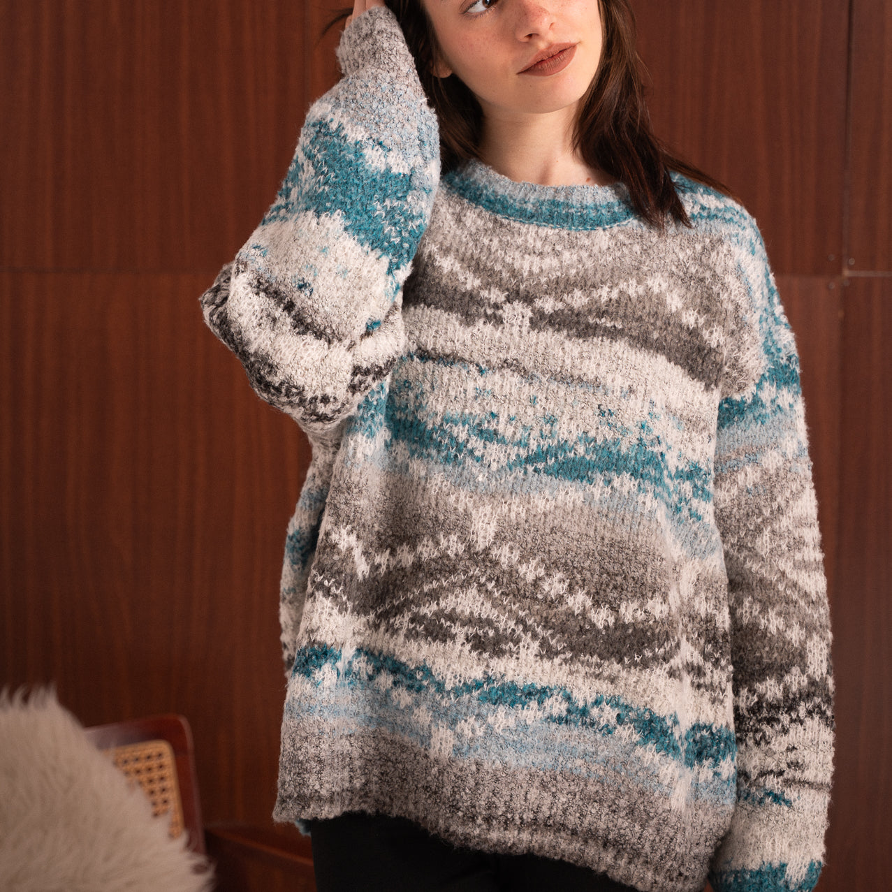 Maglione fantasia a righe multicolor grigio, panna e petrolio – morbido effetto mélange