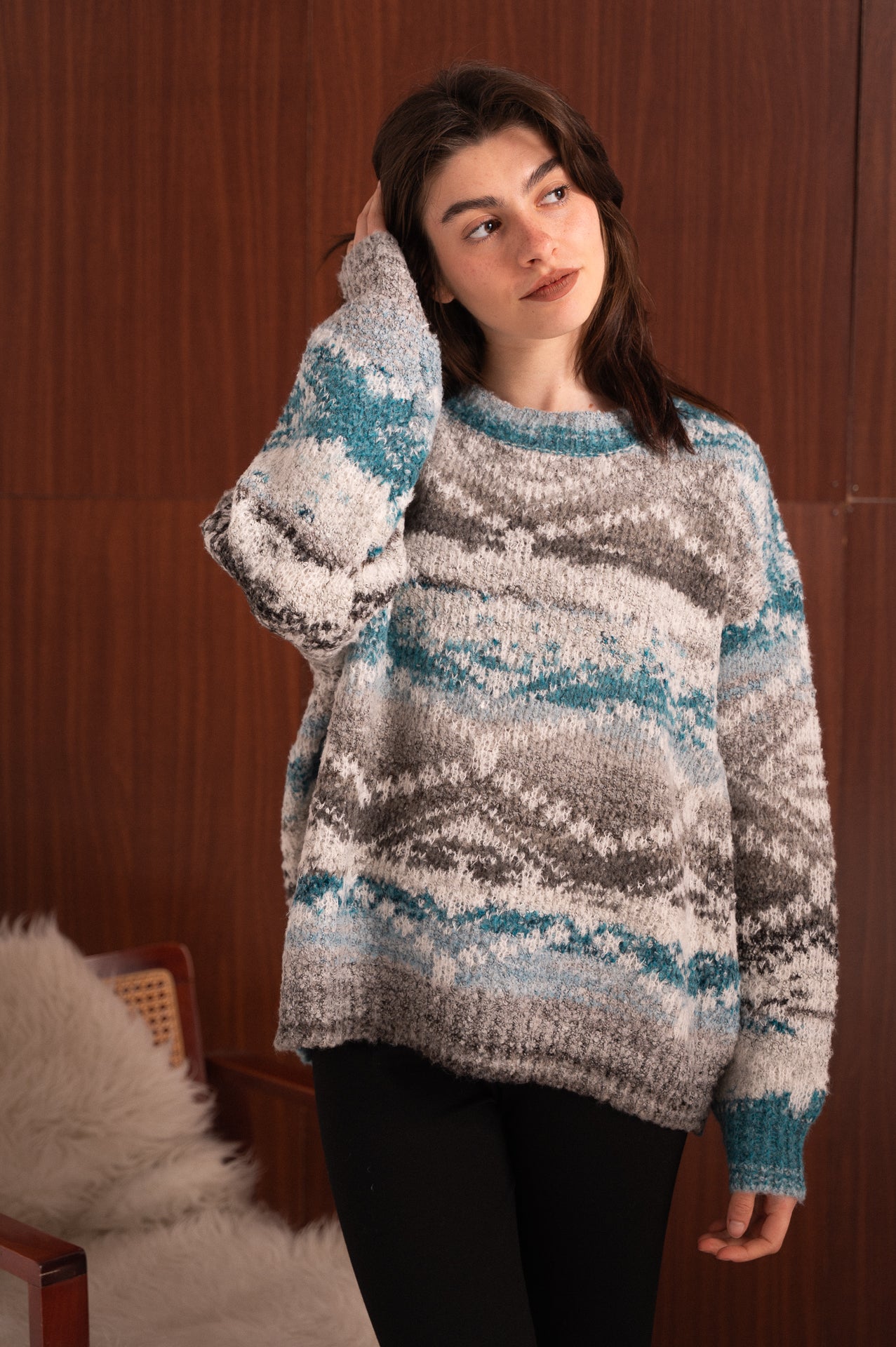 Maglione fantasia a righe multicolor grigio, panna e petrolio – morbido effetto mélange