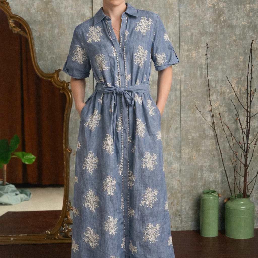 Abito Chemisier Ricamato Giglio in Viscosa e Lino con Cintura