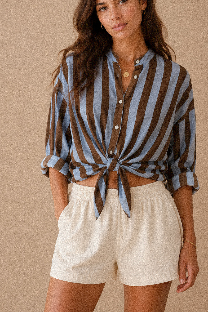 Camicia a Righe Marrone e Azzurra con Colletto Coreano in Cotone