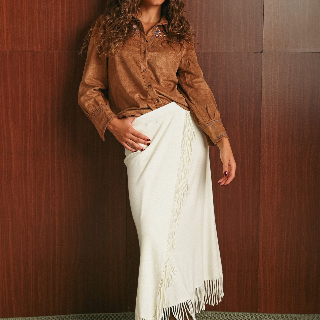 Gonna lunga donna color panna con frange