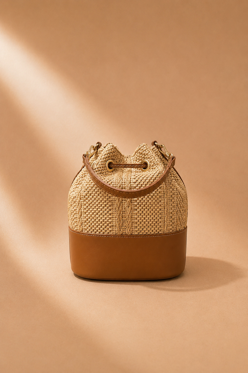 Borsa Secchiello Rafia e Pelle Cuoio