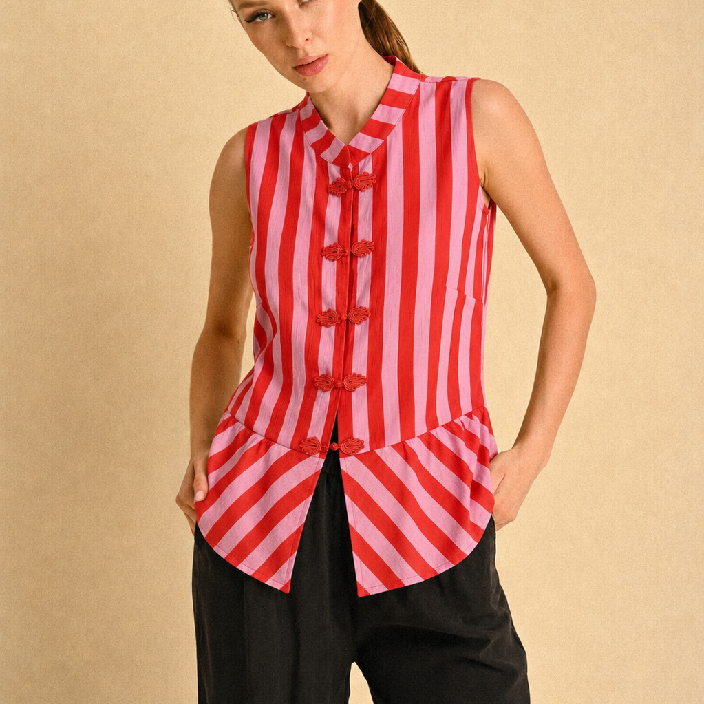 Gilet Donna a Righe Rosa e Corallo con Chiusura Frog Button
