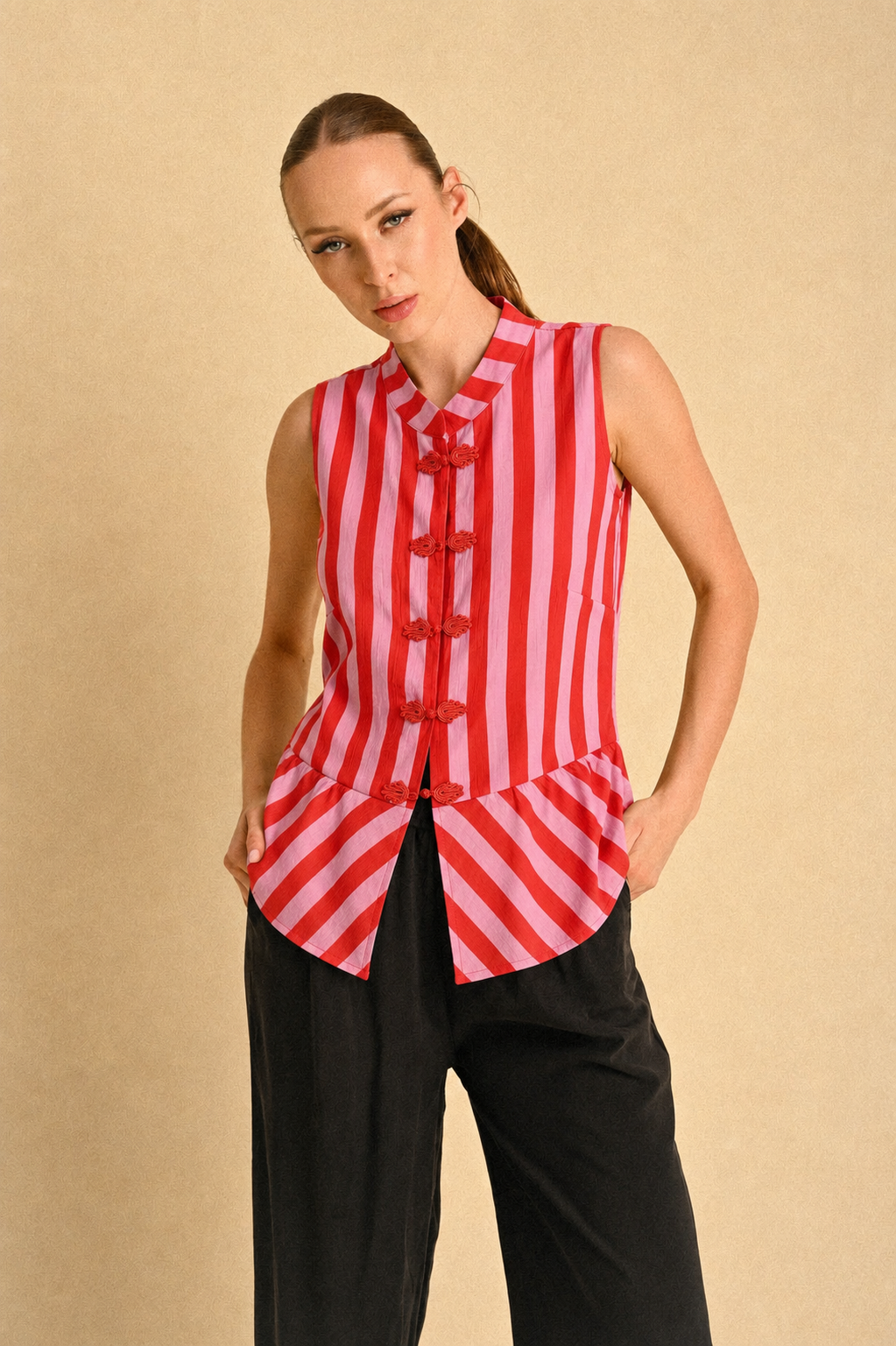 Gilet Donna a Righe Rosa e Corallo con Chiusura Frog Button