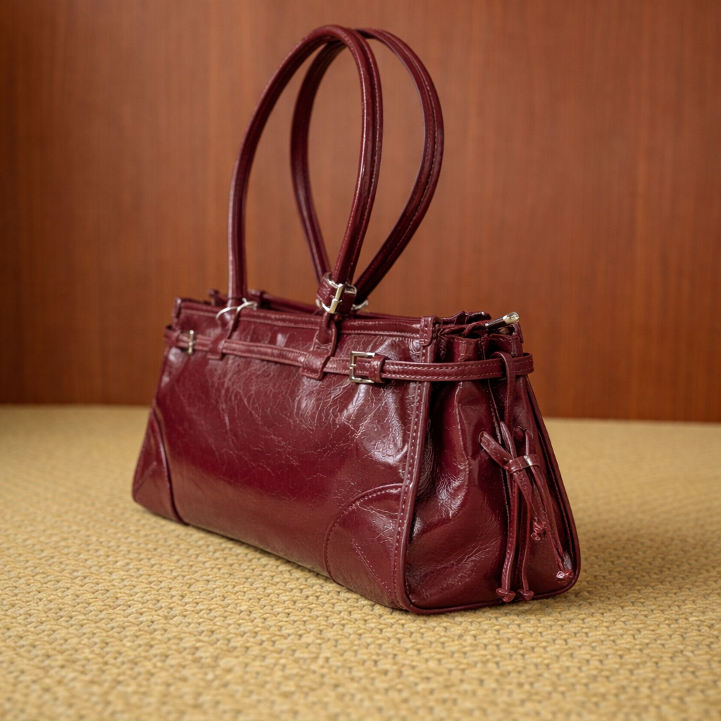 Borsa donna bordeaux in pelle effetto vintage con zip e tracolla regolabile