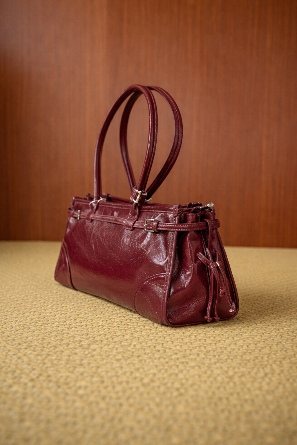 Borsa donna bordeaux in pelle effetto vintage con zip e tracolla regolabile