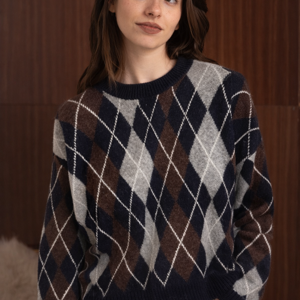 Maglione fantasia rombi Multicolor blu e marrone